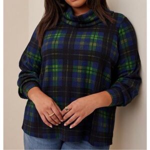 Torrid Brushed Waffle Cowl Neck Plaid Green Blue Pullover Top Plus Size 1X